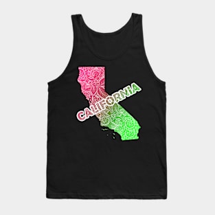 Colorful mandala art map of California with text in pink and green Tank Top